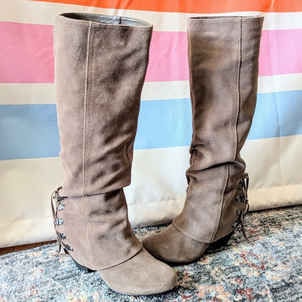 Naughty Monkey Tan Suede Leather Fall Fever Knee High Heeled Lace Up Boots Y2K 8